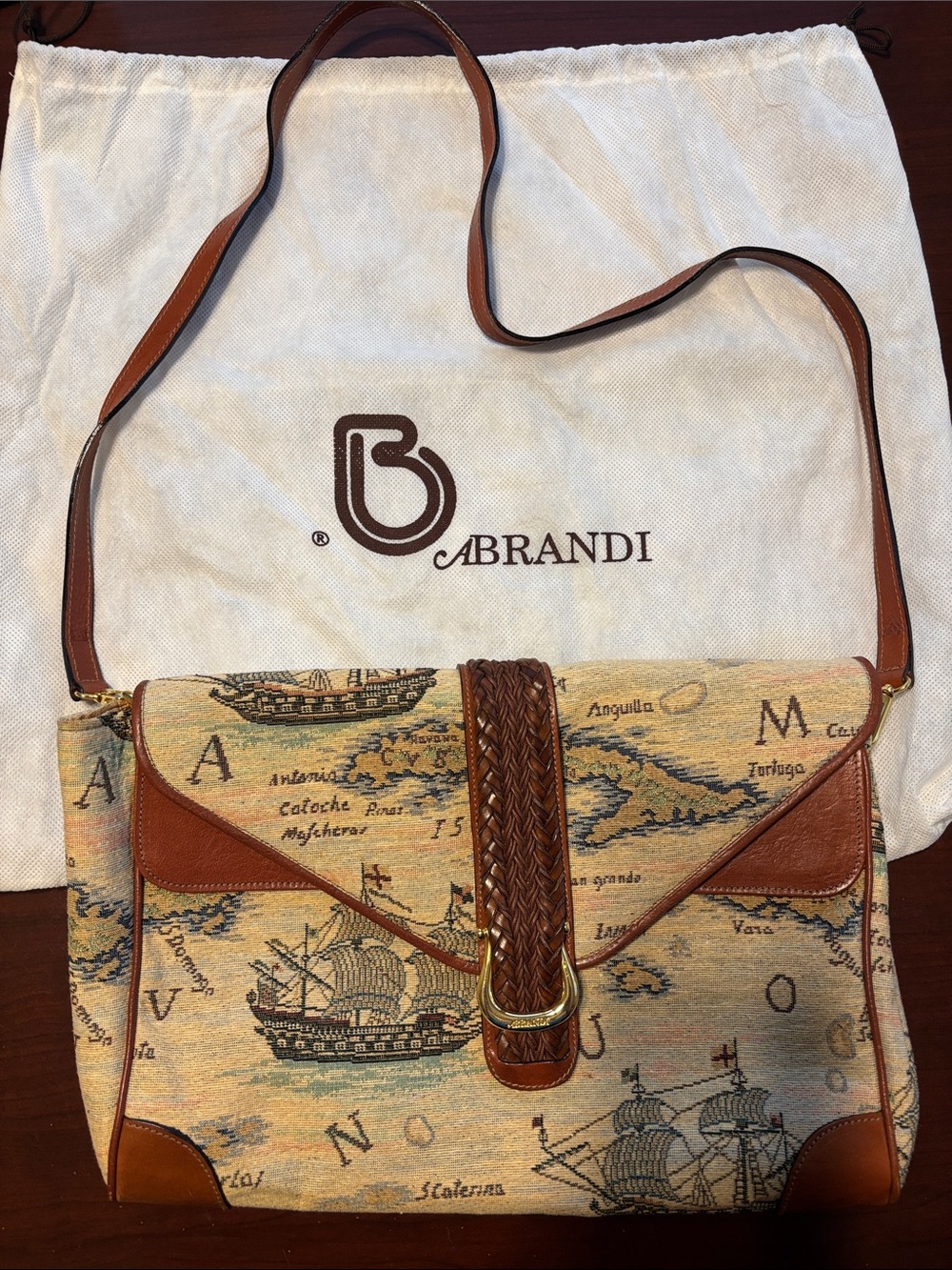 Vintage Abrandi Canvas Map Purse with Brown Leather Trim made in Rome, Italy